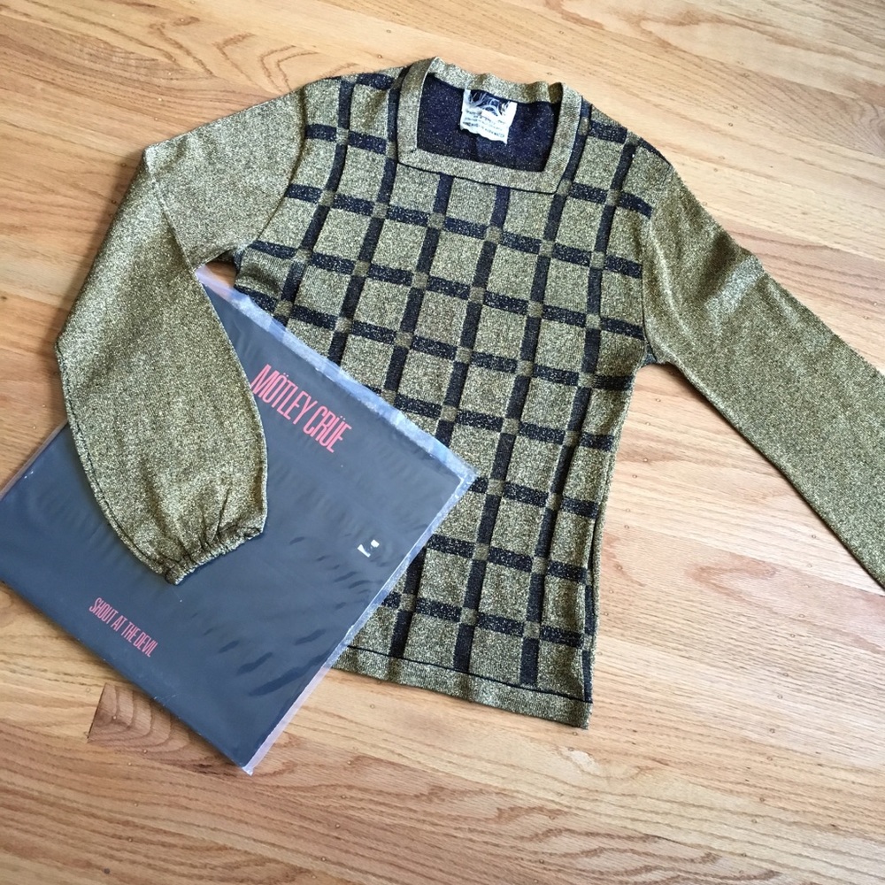 Vintage 80s metallic gold & black sweater with square neckline